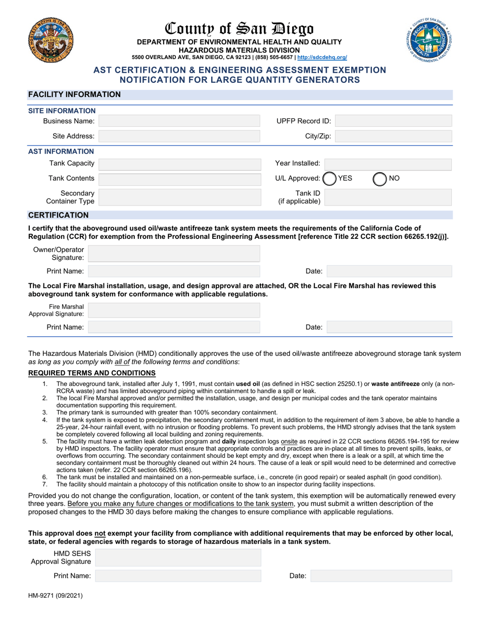 Form HM-9271 Ast Certification  Engineering Assessment Exemption Notification for Large Quantity Generators - County of San Diego, California, Page 1