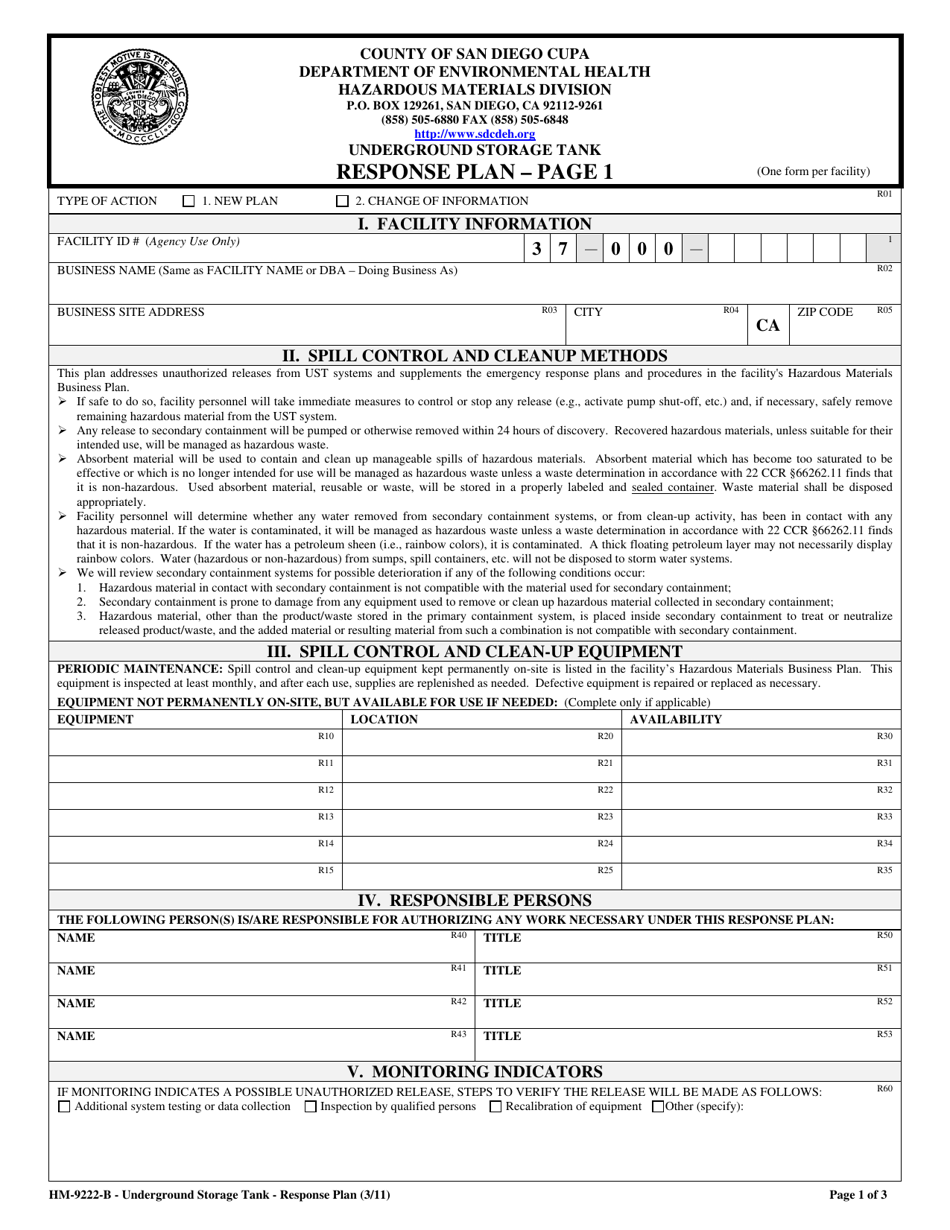 Form HM-9222-B Underground Storage Tank Response Plan - County of San Diego, California, Page 1