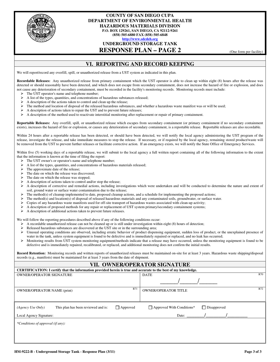 Form HM-9222-B Underground Storage Tank Response Plan - County of San Diego, California, Page 3