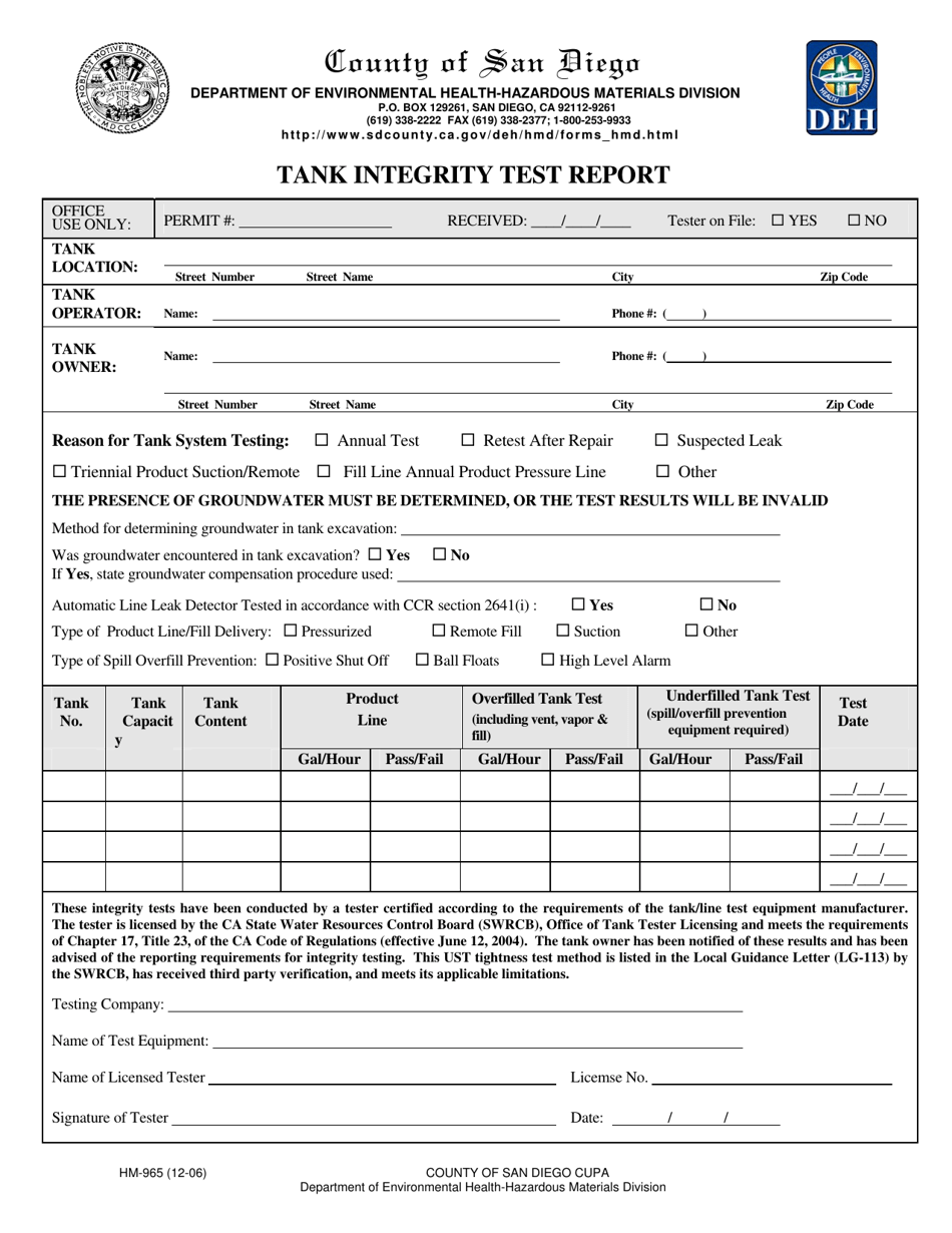 Form HM-965 Tank Integrity Test Report - County of San Diego, California, Page 1