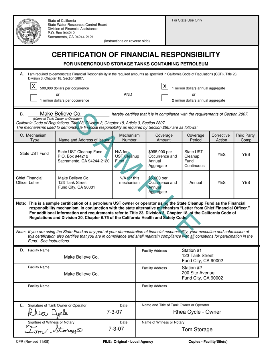 Certification of Financial Responsibility for Underground Storage Tanks Containing Petroleum - County of San Diego, California, Page 1