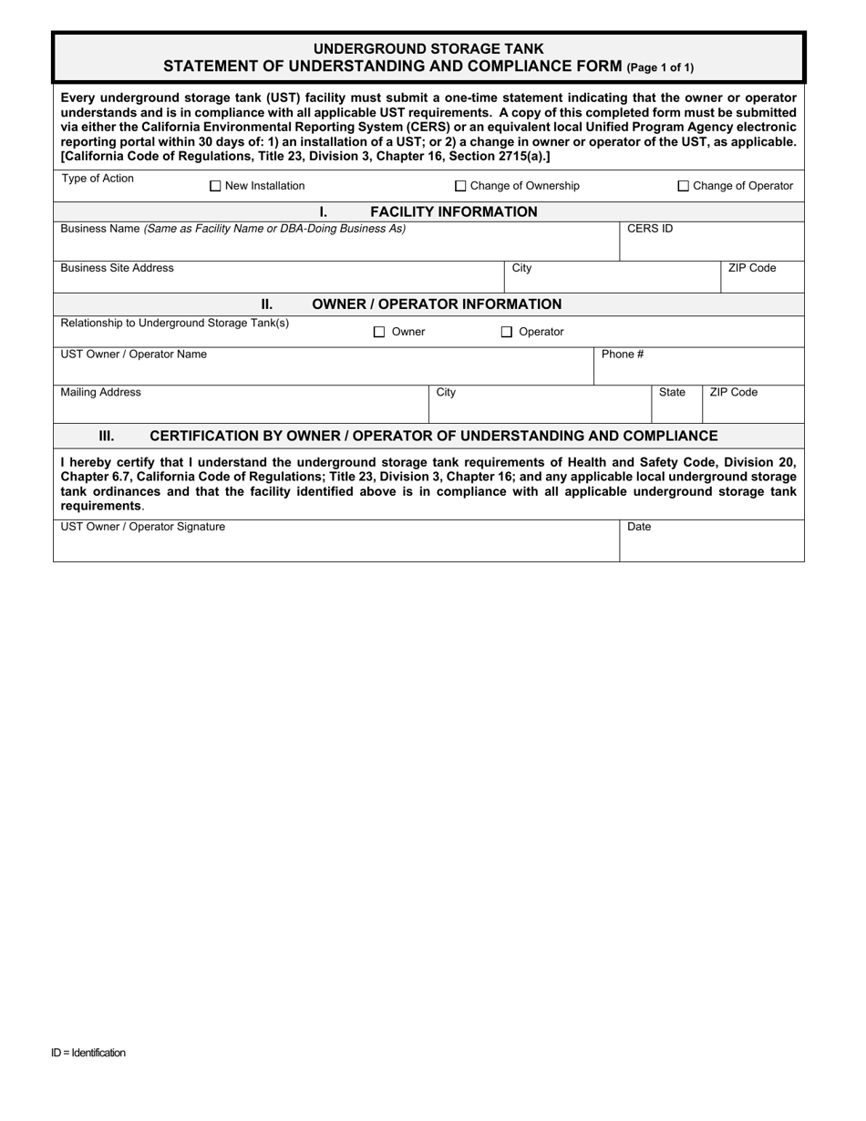 Underground Storage Tank Statement of Understanding and Compliance Form - County of San Diego, California, Page 1