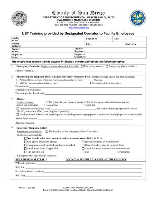 Form HM-9177 Ust Training Provided by Designated Operator to Facility Employees - County of San Diego, California