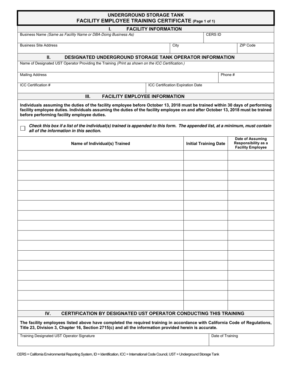 Underground Storage Tank Facility Employee Training Certificate - County of San Diego, California, Page 1