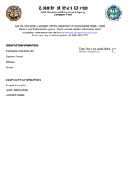 Document preview: Solid Waste Local Enforcement Agency Complaint Form - County of San Diego, California