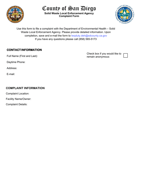 Solid Waste Local Enforcement Agency Complaint Form - County of San Diego, California Download Pdf