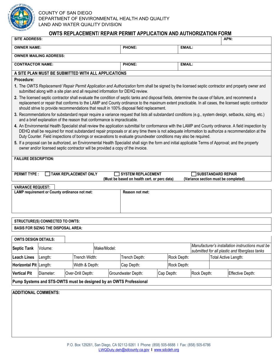 Owts Replacement / Repair Permit Application and Authorization Form - County of San Diego, California, Page 1