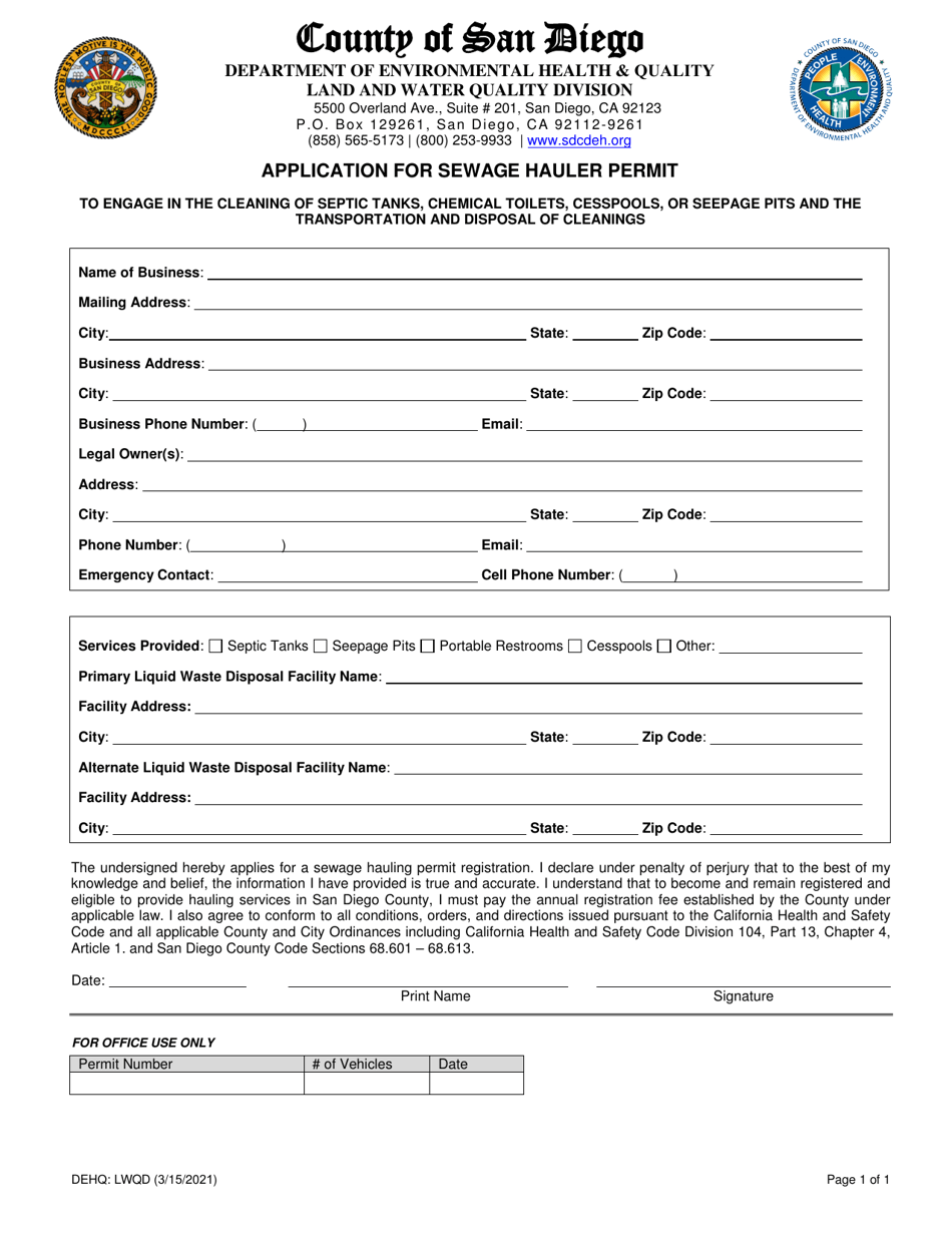 Application for Sewage Hauler Permit - County of San Diego, California, Page 1