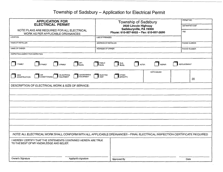 Application for Electrical Permit - Sadsbury Township, Pennsylvania, Page 1