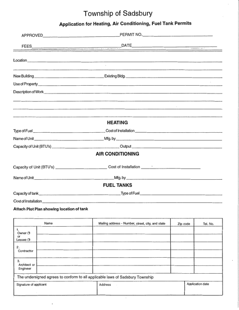Application for Heating, Air Conditioning, Fuel Tank Permits - Sadsbury Township, Pennsylvania