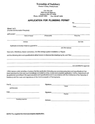 Document preview: Application for Plumbing Permit - Sadsbury Township, Pennsylvania