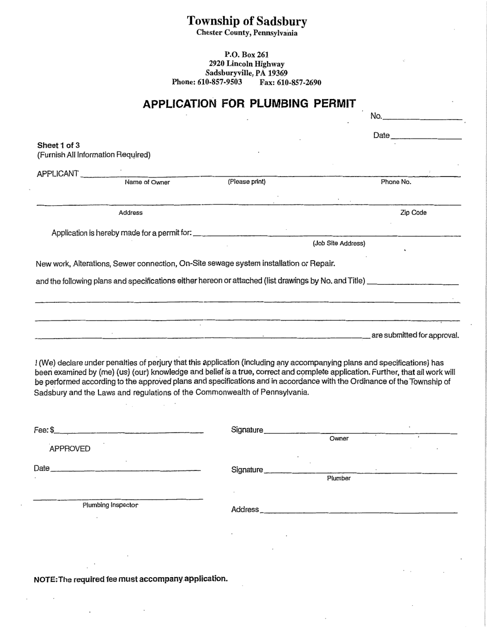 Application for Plumbing Permit - Sadsbury Township, Pennsylvania, Page 1