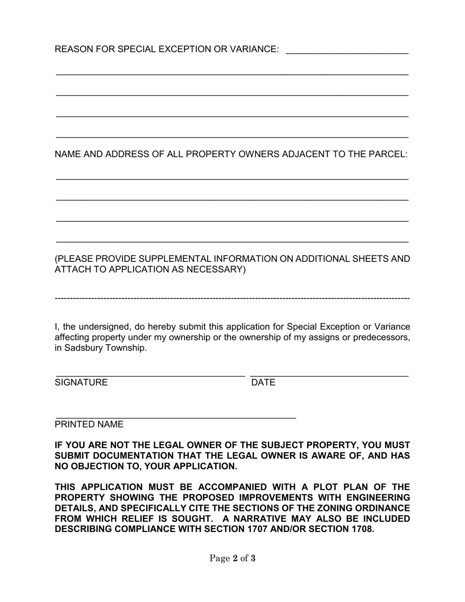 Zoning Application for Variance or Special Exception Relief - Sadsbury Township, Pennsylvania, Page 2