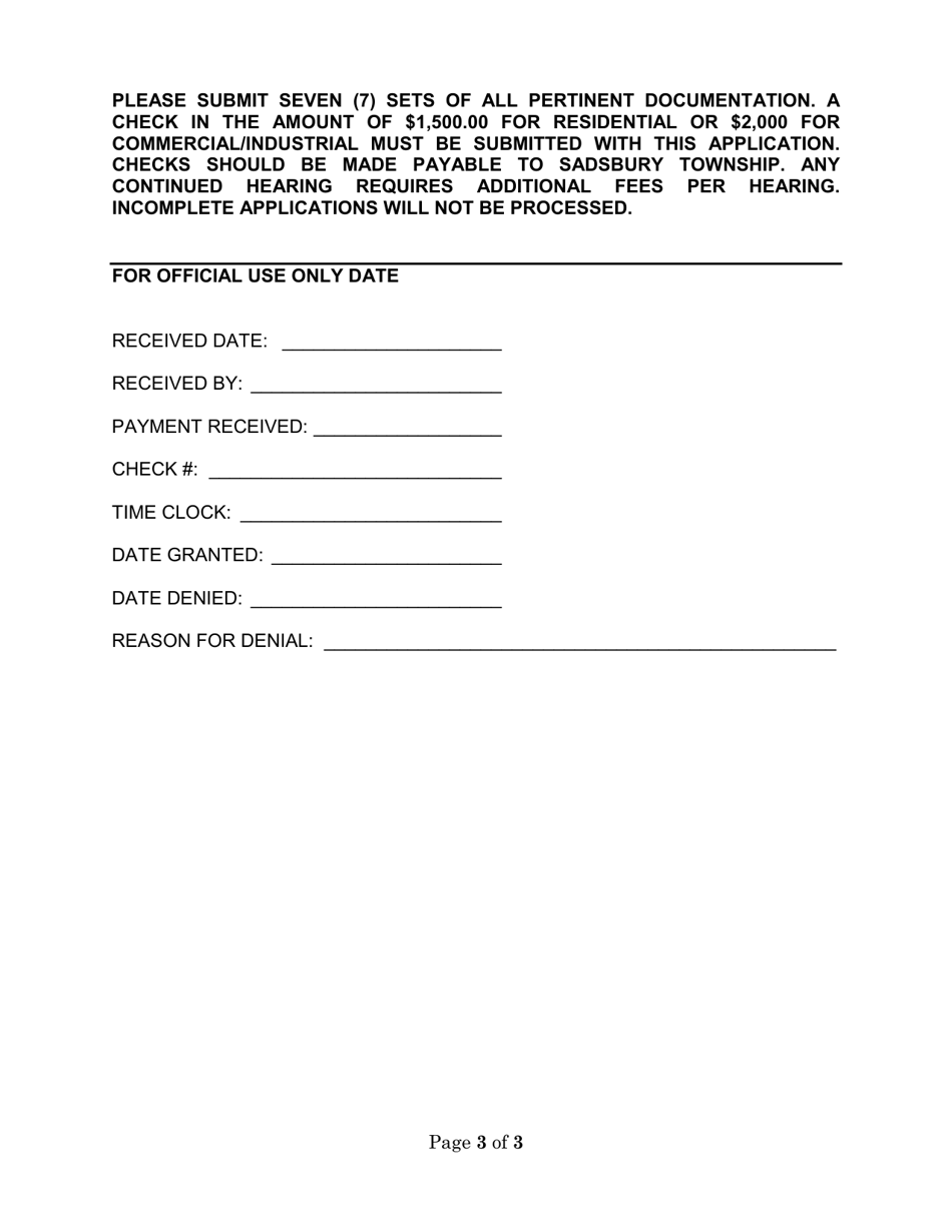 Zoning Application for Variance or Special Exception Relief - Sadsbury Township, Pennsylvania, Page 3