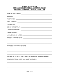 Document preview: Zoning Application for Variance or Special Exception Relief - Sadsbury Township, Pennsylvania