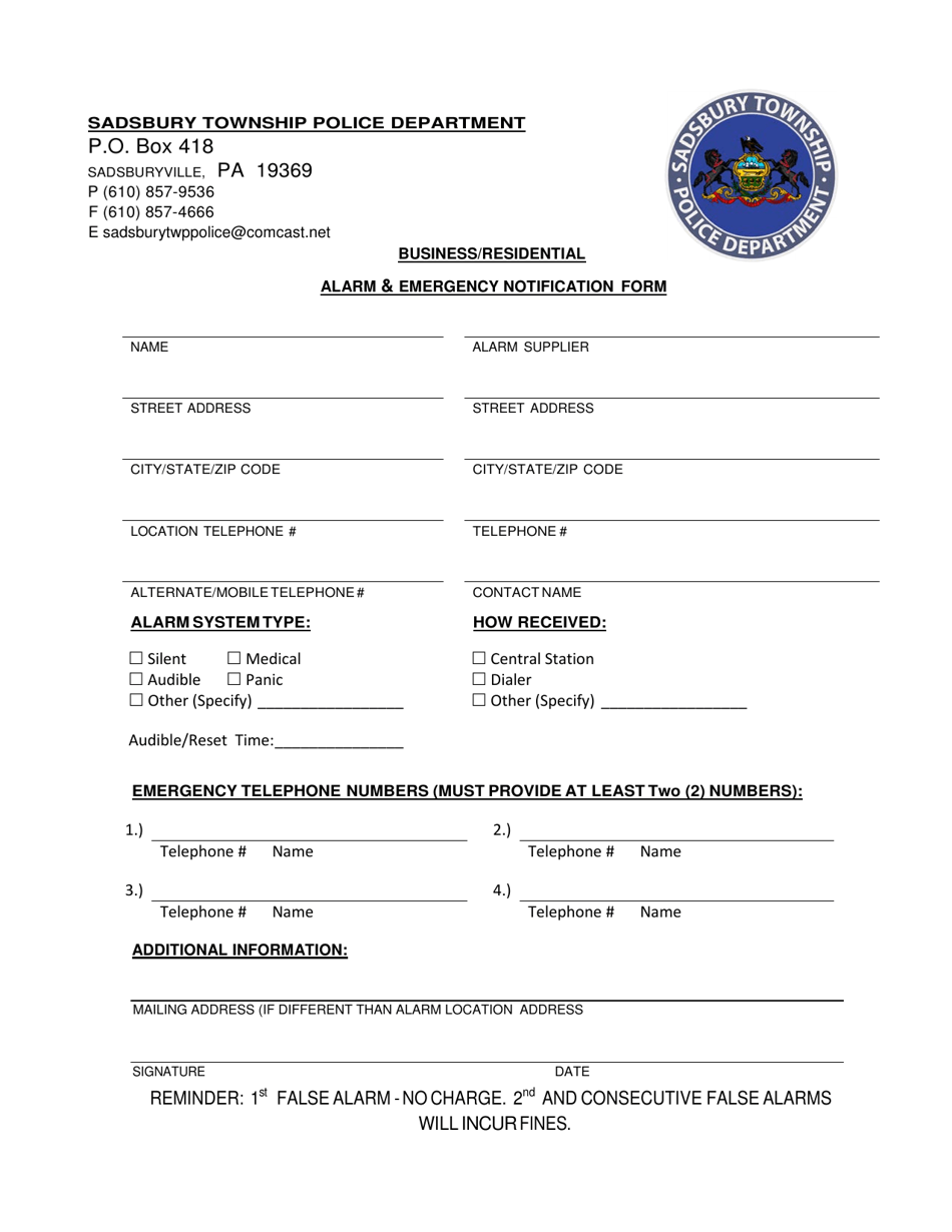 Business / Residential Alarm  Emergency Notification Form - Sadsbury Township, Pennsylvania, Page 1