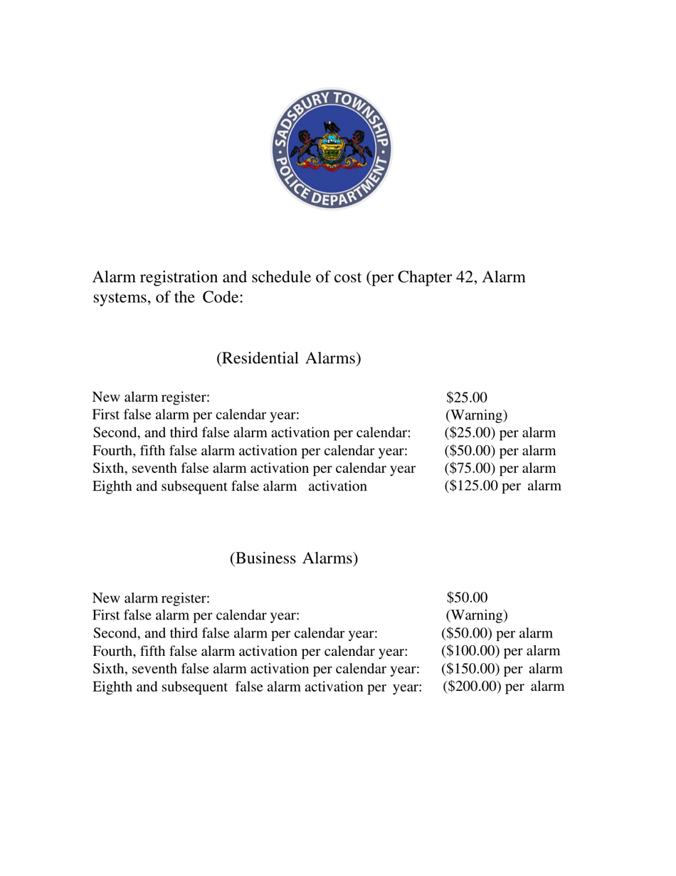 Business / Residential Alarm  Emergency Notification Form - Sadsbury Township, Pennsylvania, Page 3