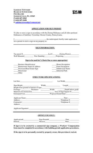 Application for Sign Permit - Sadsbury Township, Pennsylvania