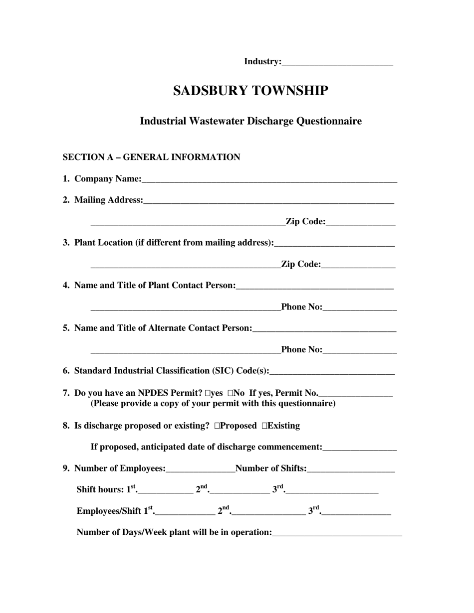 Industrial Wastewater Discharge Questionnaire - Sadsbury Township, Pennsylvania, Page 1