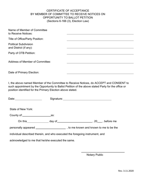 Certificate of Acceptance by Member of Committee to Receive Notices on Opportunity to Ballot Petition - New York Download Pdf