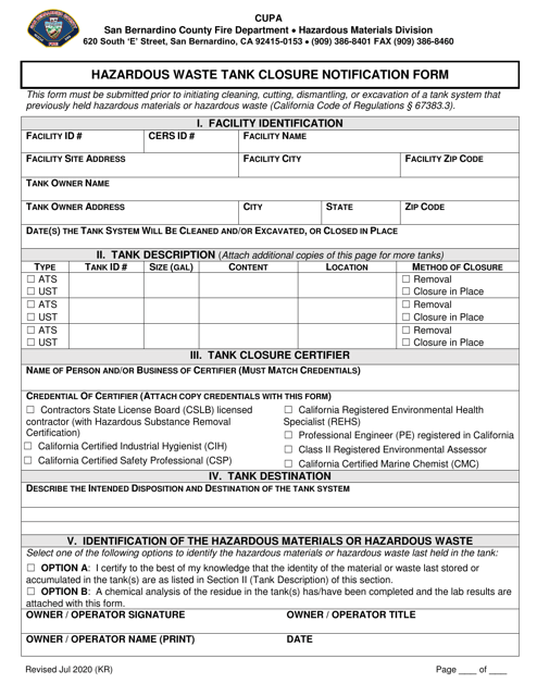 Hazardous Waste Tank Closure Notification Form - County of San Bernardino, California Download Pdf