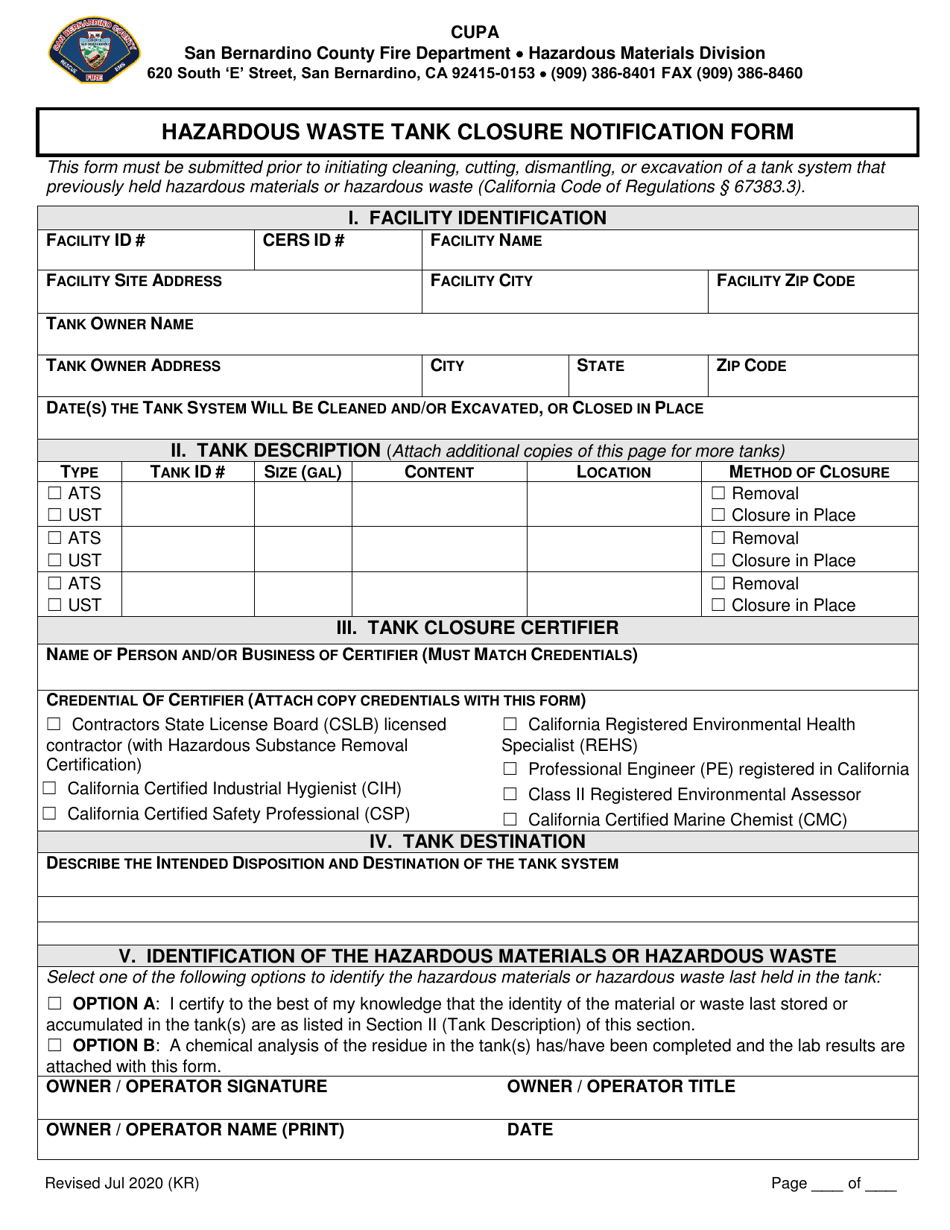 Hazardous Waste Tank Closure Notification Form - County of San Bernardino, California, Page 1