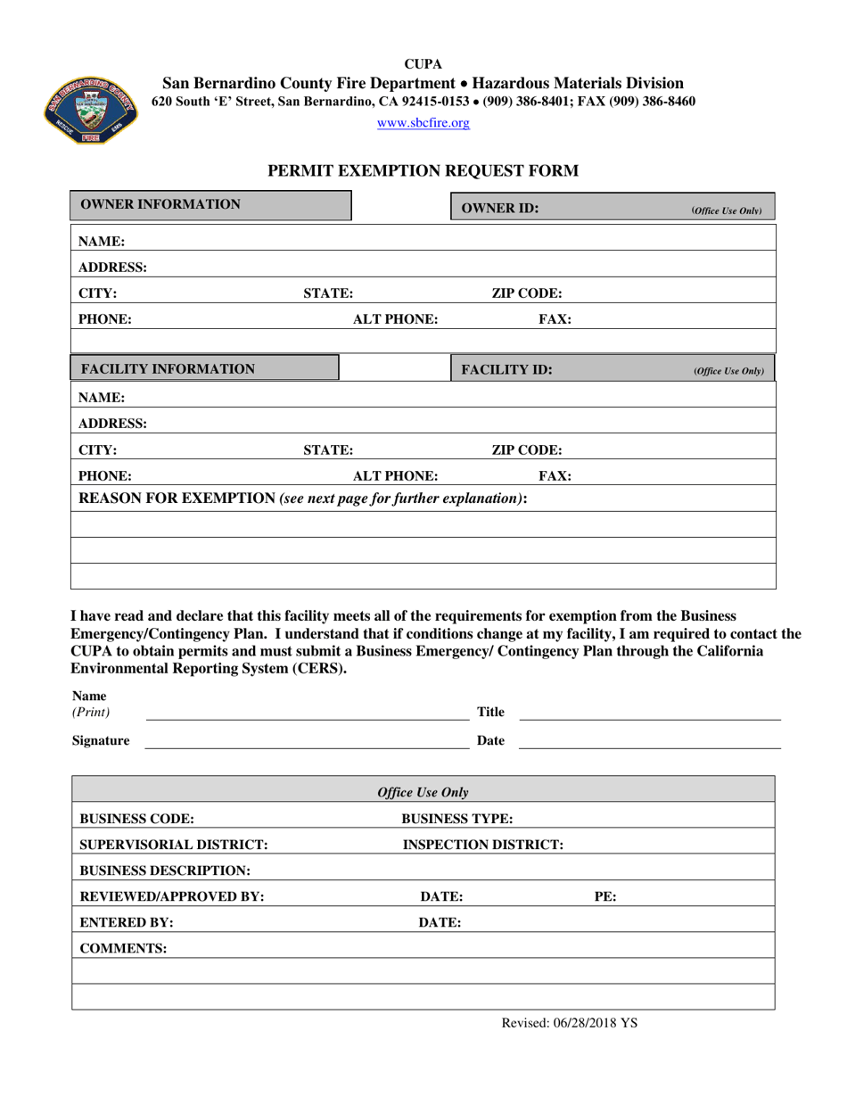 Permit Exemption Request Form - County of San Bernardino, California, Page 1
