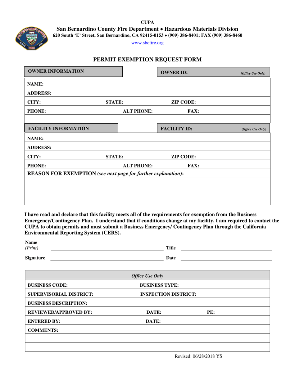 County of San Bernardino, California Permit Exemption Request Form