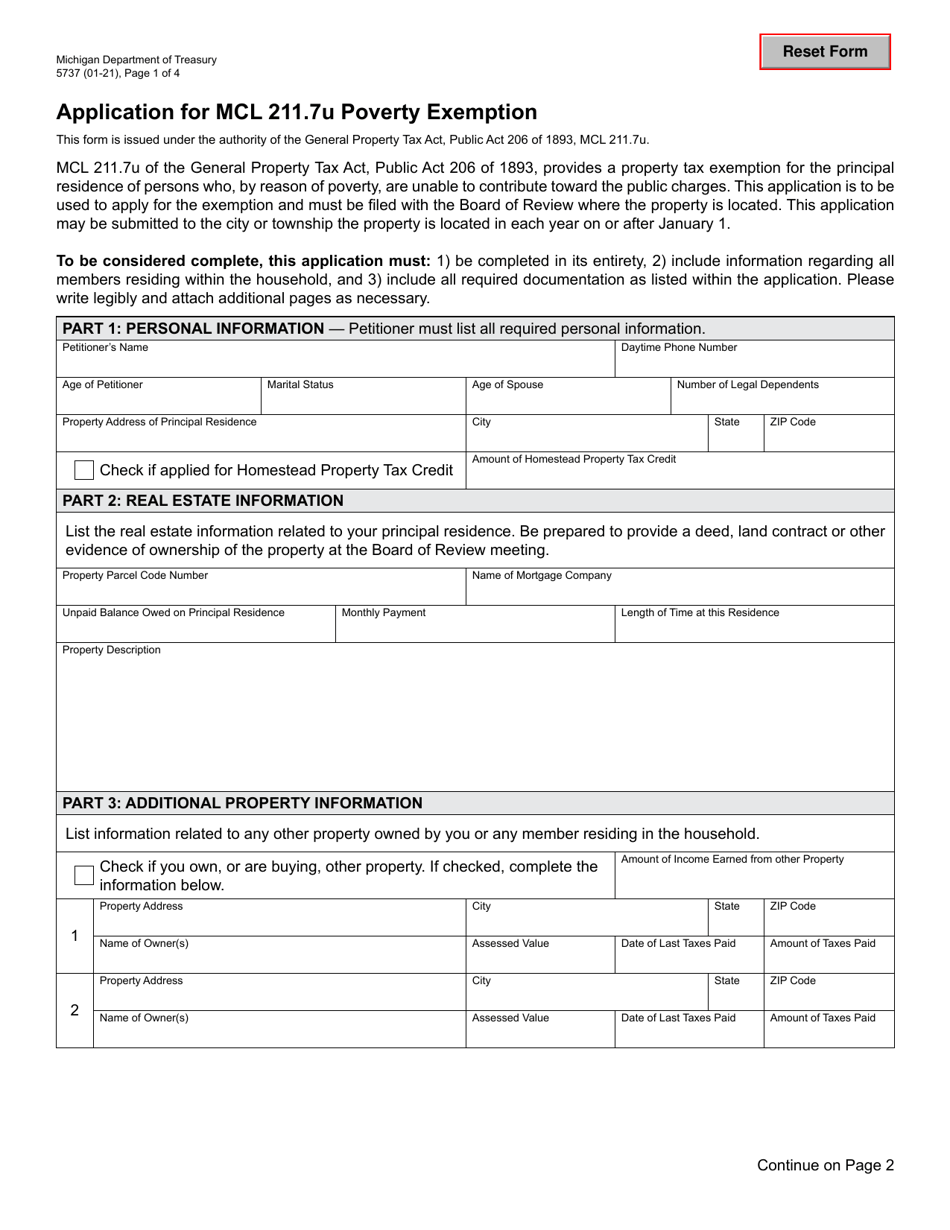 Form 5737 Application for Mcl 211.7u Poverty Exemption - Michigan, Page 1