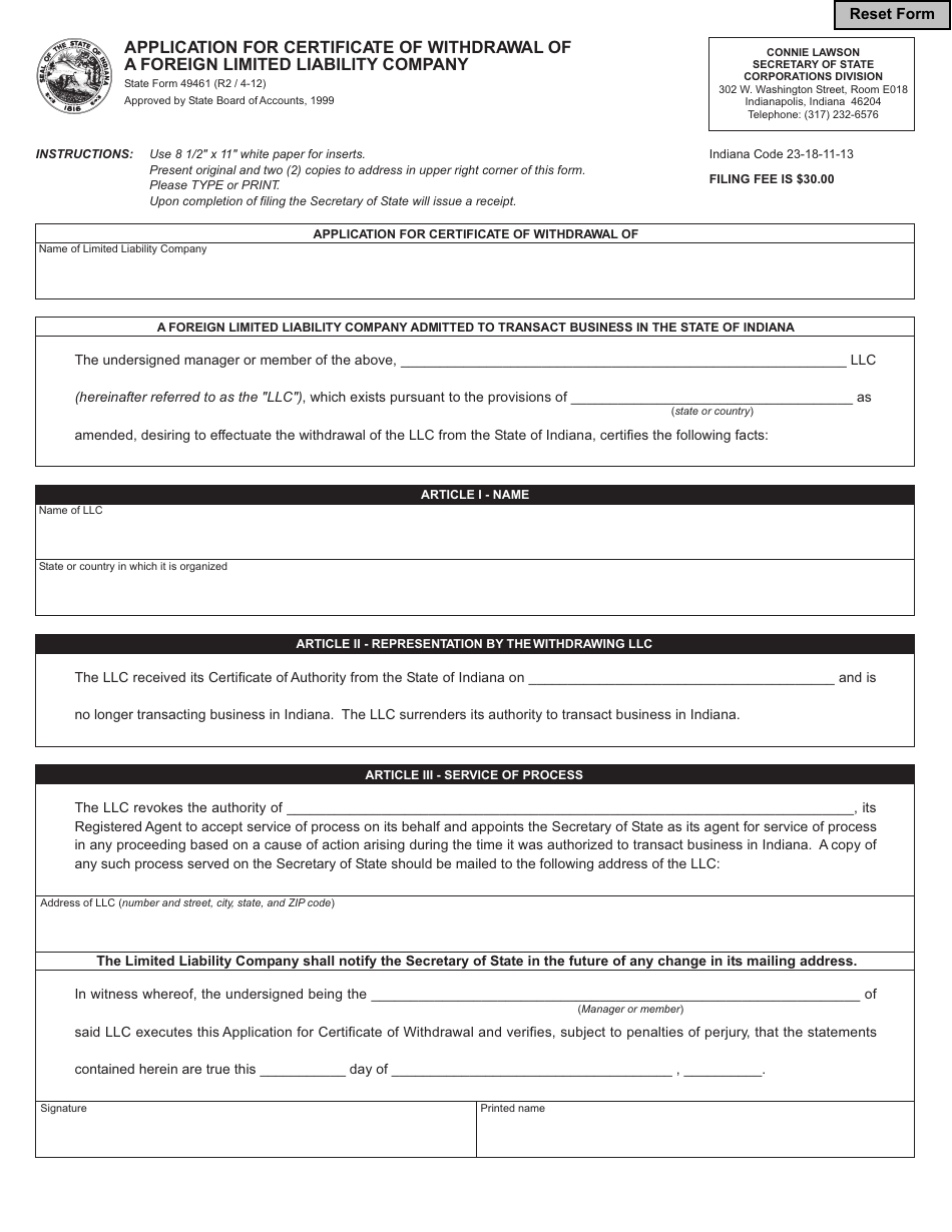 State Form 49461 Application for Certificate of Withdrawal of a Foreign Limited Liability Company - Indiana, Page 1