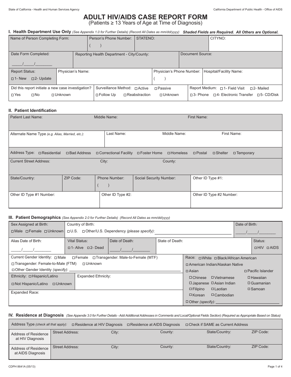 Form CDPH8641A Adult HIV/AIDS Case Report Form - California, Page 1