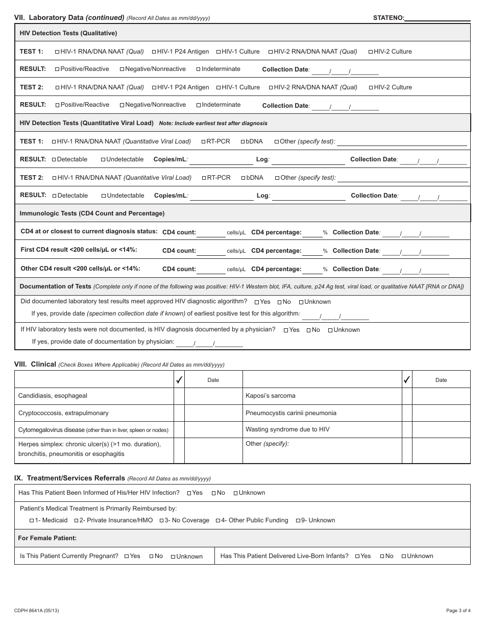 Form CDPH8641A Adult HIV / AIDS Case Report Form - California, Page 3