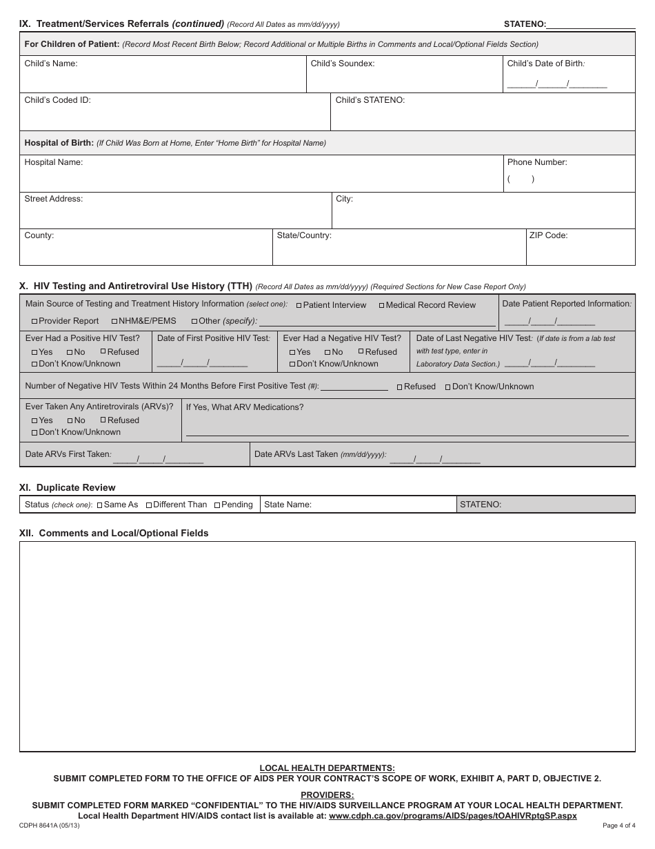 Form CDPH8641A Adult HIV / AIDS Case Report Form - California, Page 4