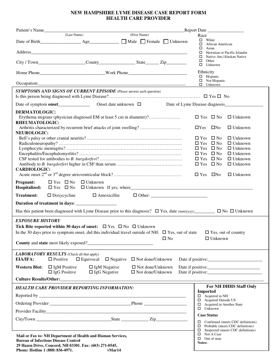 New Hampshire Lyme Disease Case Report Form - Health Care Provider - New Hampshire, Page 1