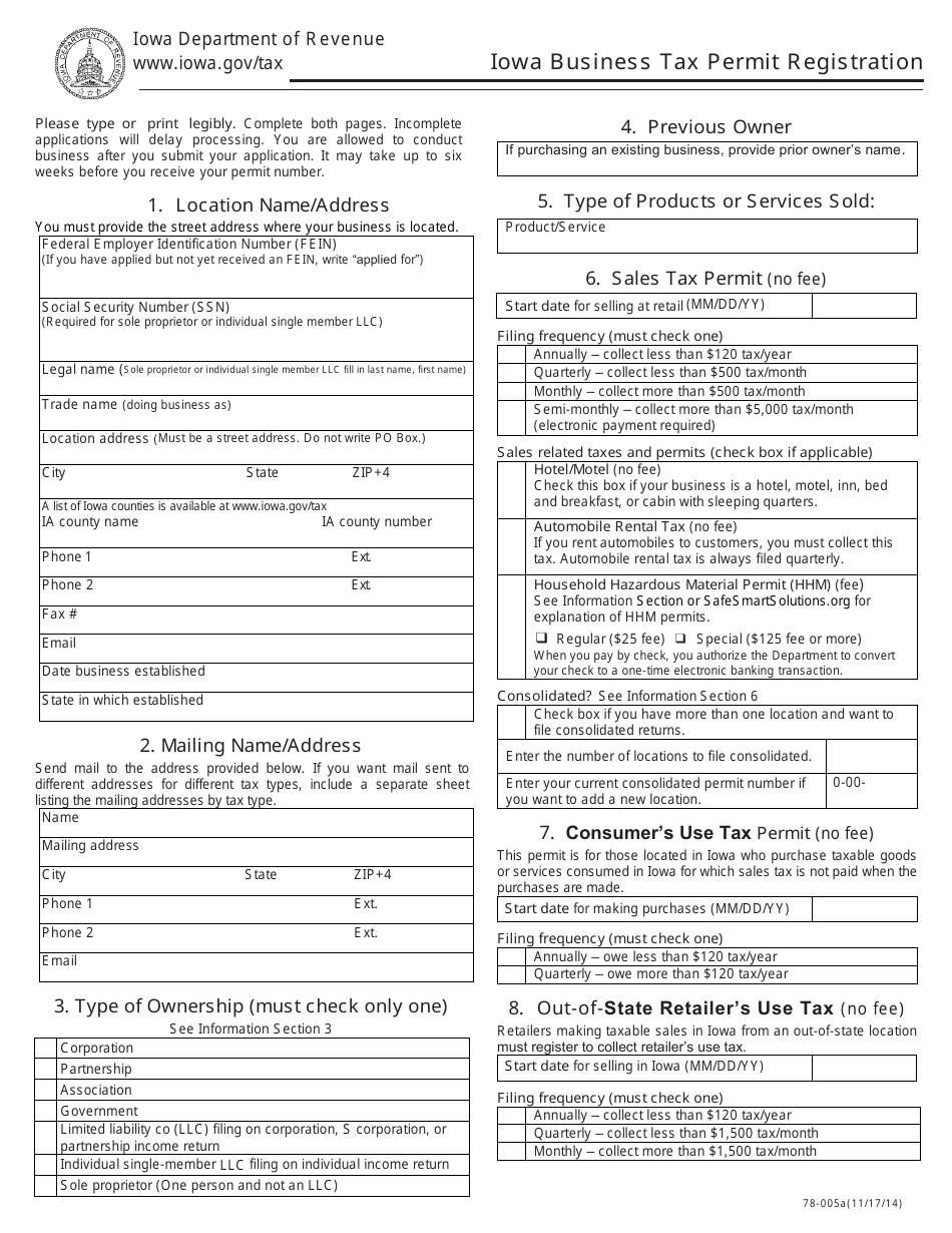 Form 78-005a Business Tax Permit Registration - Iowa, Page 1