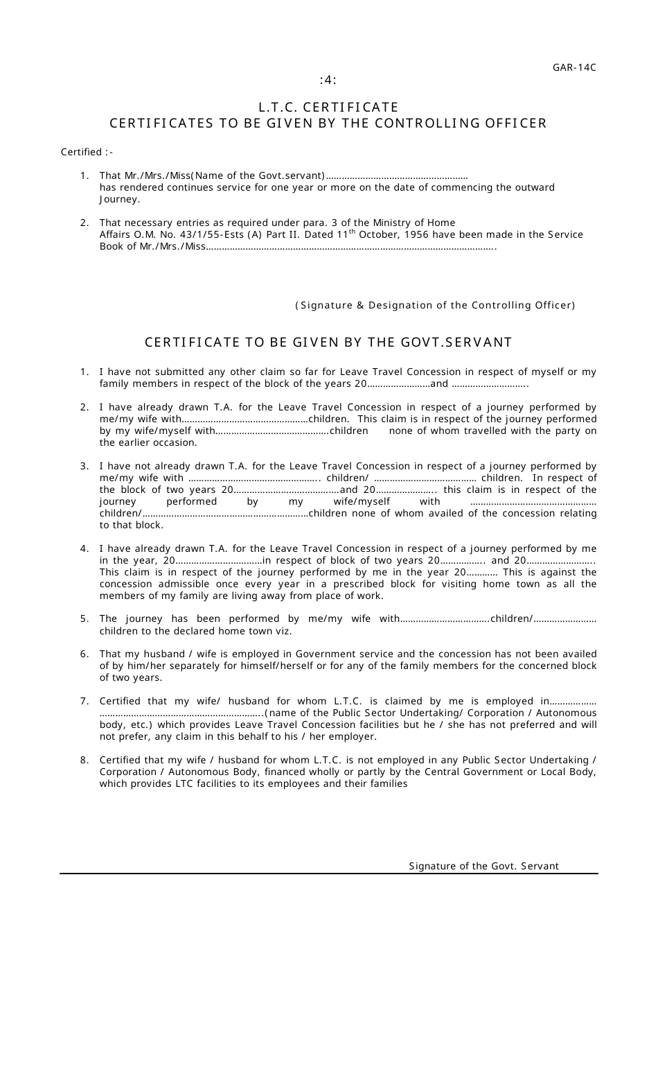 Form GAR-14C Leave Travel Concession Bill - India (English / Hindi), Page 4