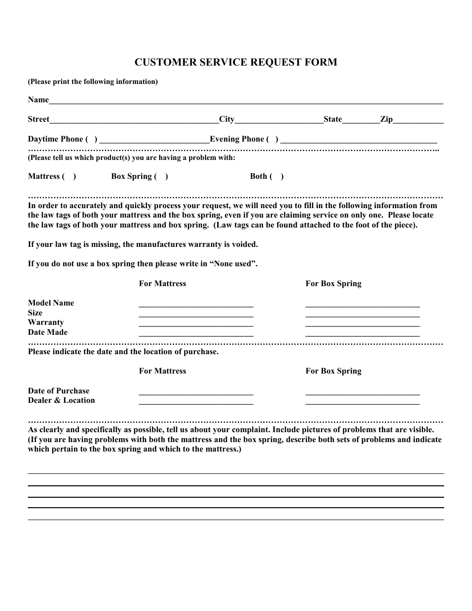 Customer Service Request Form - Mattress City, Page 1
