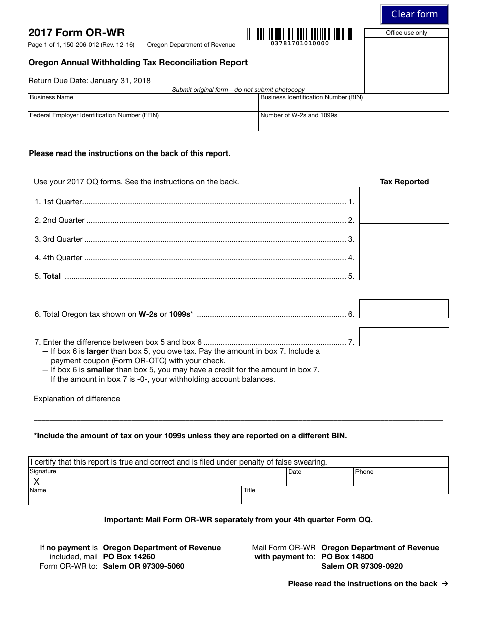 Form OR-WR Oregon Annual Withholding Tax Reconciliation Report - Oregon, Page 1