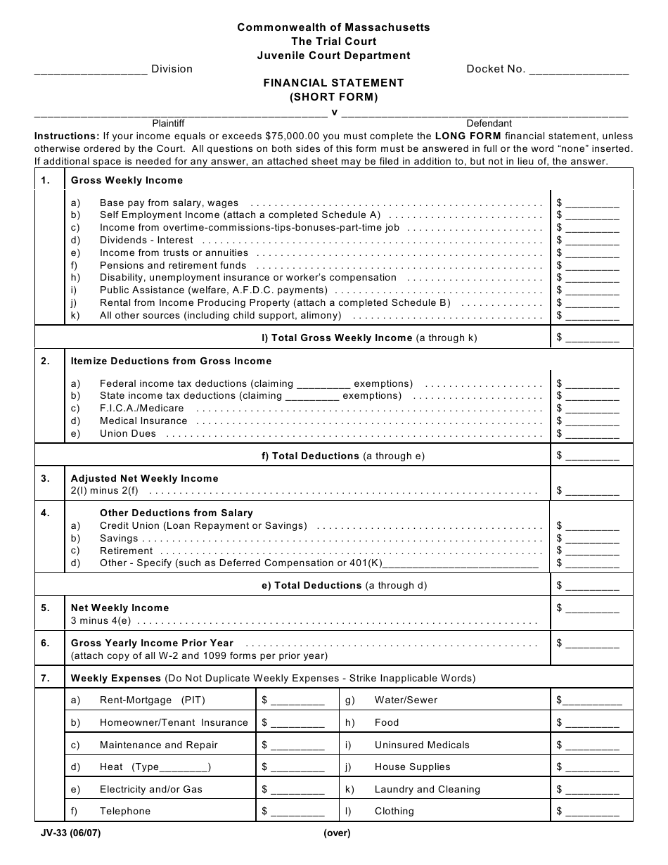 Form JV-33 Financial Statement (Short Form) - Massachusetts, Page 1