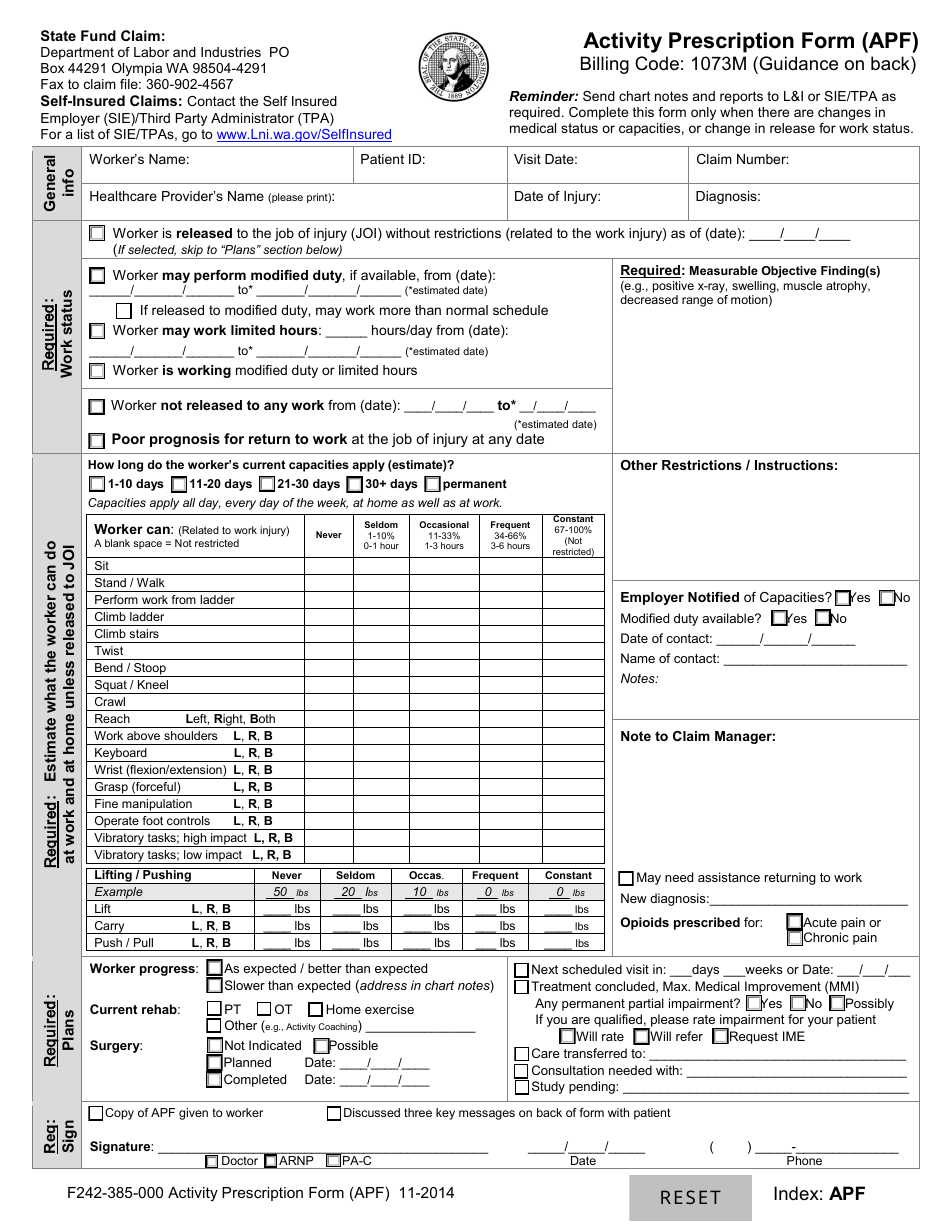 Form F242-385-000 Activity Prescription Form (Apf) - Washington, Page 1
