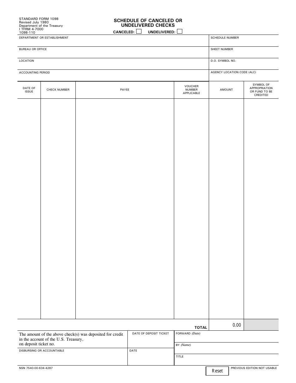 Form SF-1098 Schedule of Canceled or Undelivered Checks, Page 1