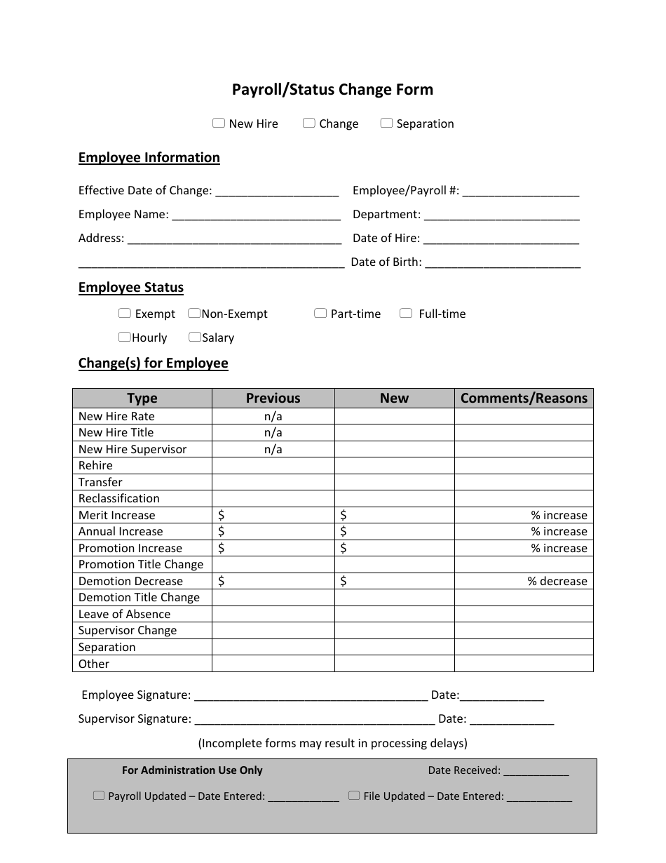 Payroll/Status Change Form Download Printable PDF | Templateroller