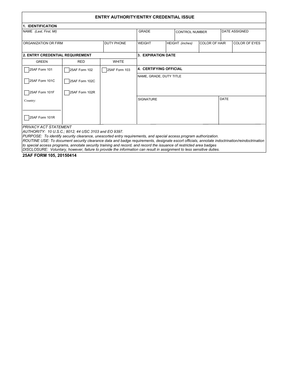 AF Form 105 Entry Authority / Entry Credential Issue, Page 1