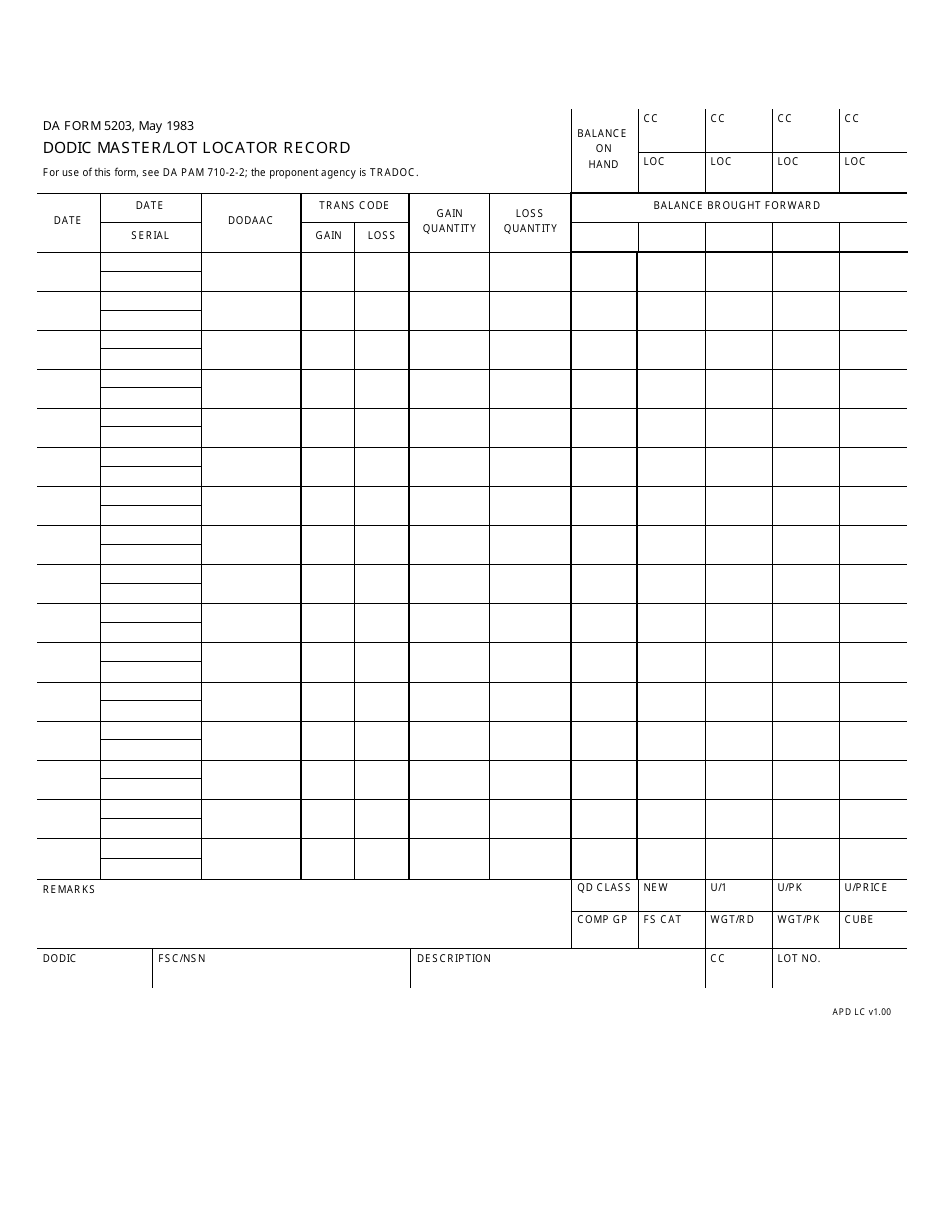 DA Form 5203 Dodic Master / Lot Locator Record, Page 1