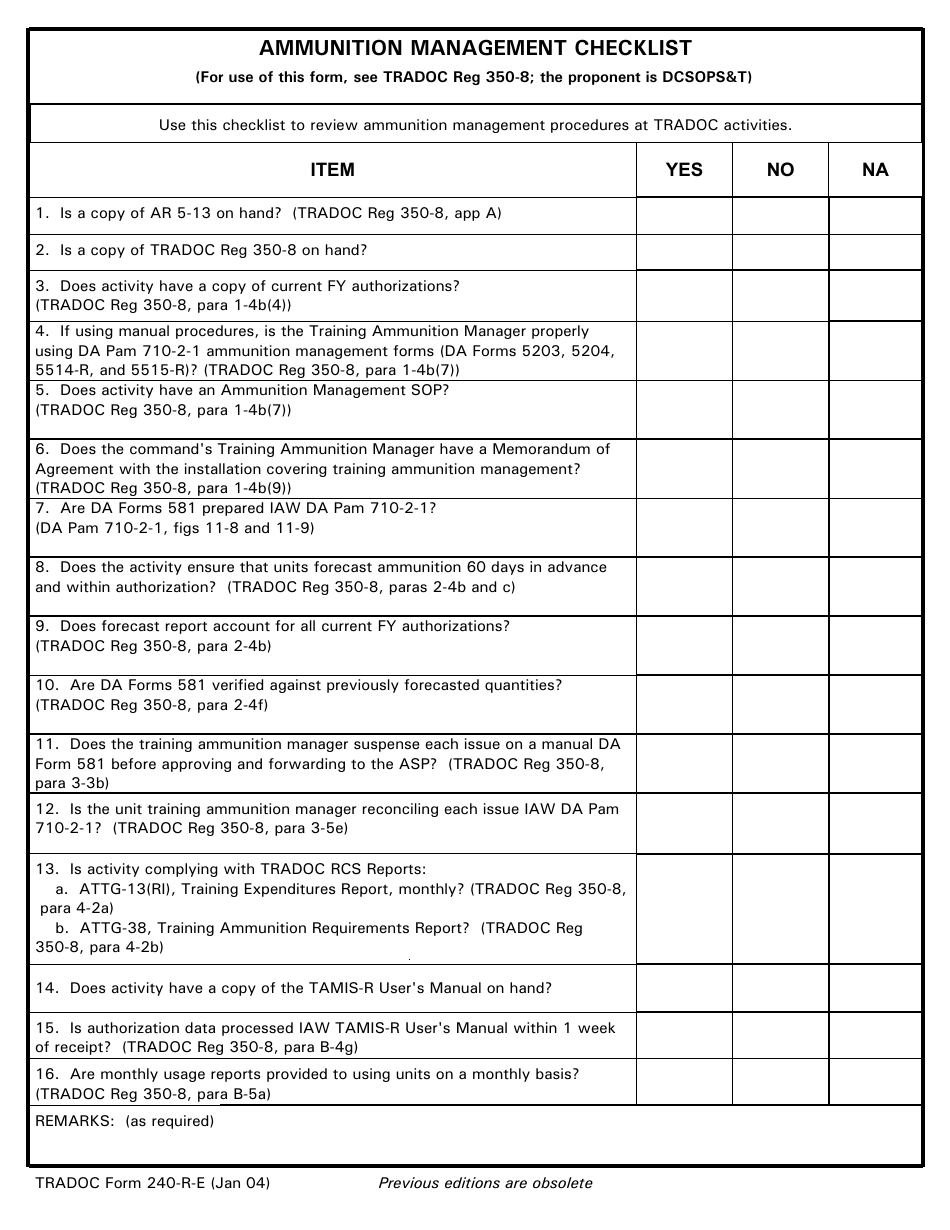 TRADOC Form 240-r-e Ammunition Management Checklist, Page 1