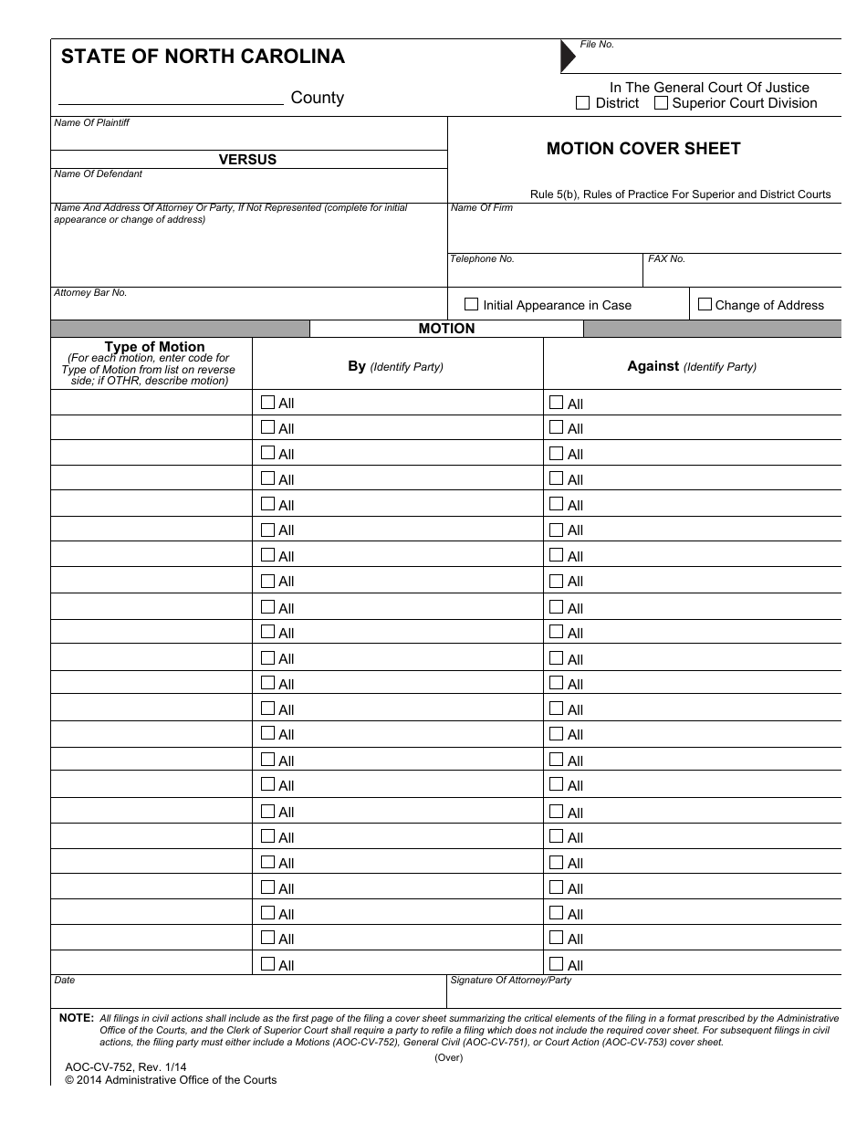 Form AOC-CV-752 Motion Cover Sheet - North Carolina, Page 1