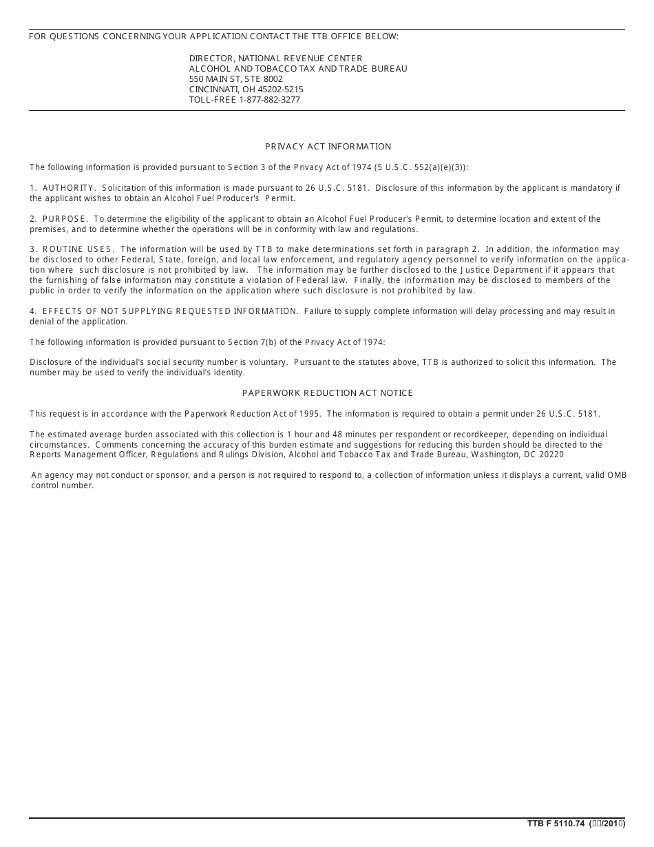 TTB Form 5110.74 Application for an Alcohol Fuel Producer Permit, Page 4