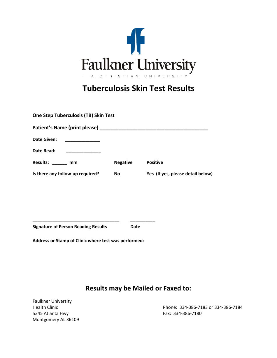 Tuberculosis skin test results document presented by Faulkner University in Alabama
