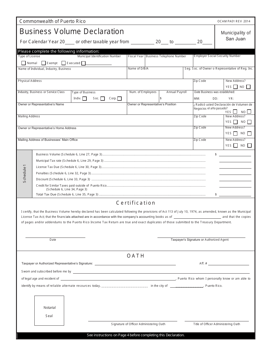 Form OCAM PA01 Business Volume Declaration - Puerto Rico, Page 1