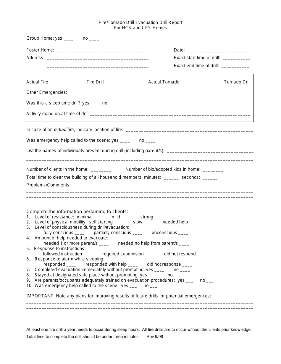 Fire/Tornado Drill Evacuation Drill Report Template for Hcs and Within Fire Evacuation Drill Report Template